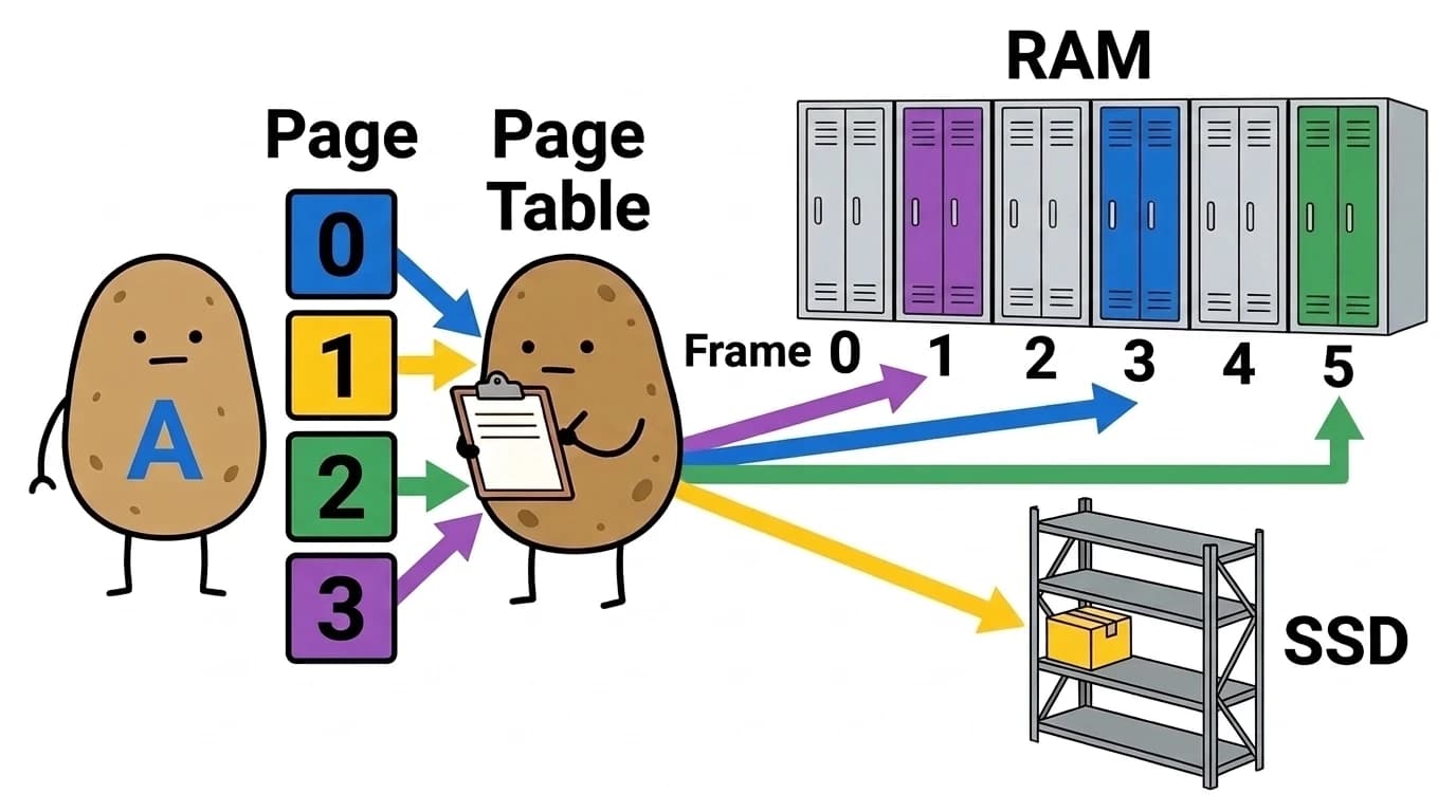A 감자의 페이지 0~3이 페이지 테이블 감자를 거쳐 RAM 사물함의 3번, 5번, 1번 프레임과 SSD 창고로 흩어져 들어가는 그림