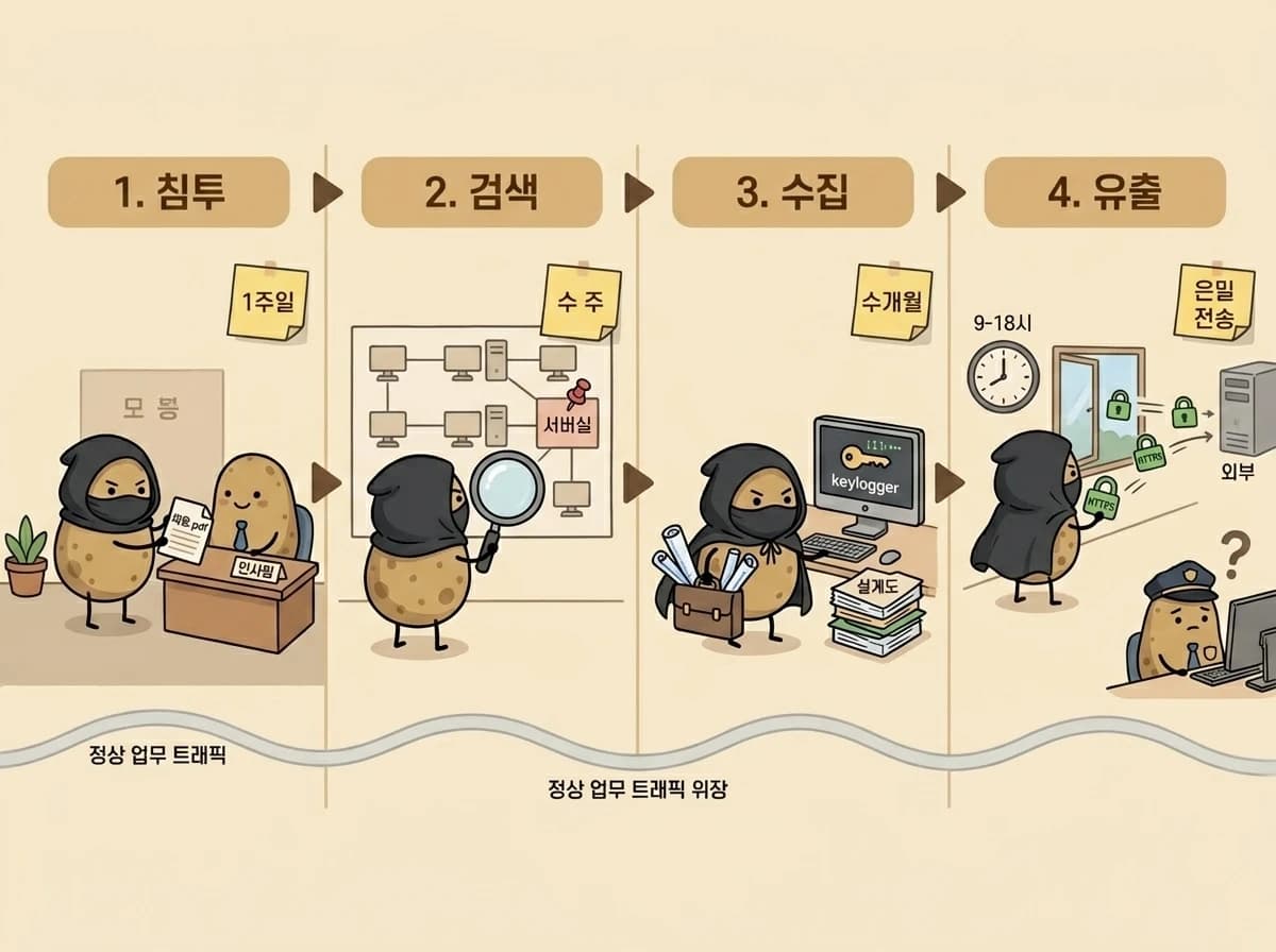 APT 4단계 프로세스 타임라인: 침투 단계의 인사팀 위장 메일, 검색 단계의 내부망 스캔, 수집 단계의 키로거, 유출 단계의 HTTPS 소량 전송