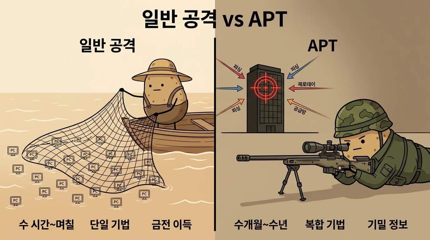 일반 공격과 APT의 좌우 대비 일러스트: 왼쪽은 그물로 수많은 PC를 노리는 어부 감자, 오른쪽은 특정 기업을 장기간 조준하는 스나이퍼 감자
