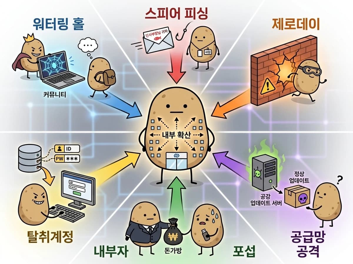 APT 침투 수단 6가지 통합 맵: 중앙 표적 기업으로 워터링 홀, 스피어 피싱, 제로데이, 공급망 공격, 내부자 포섭, 탈취 계정 6개 경로가 수렴
