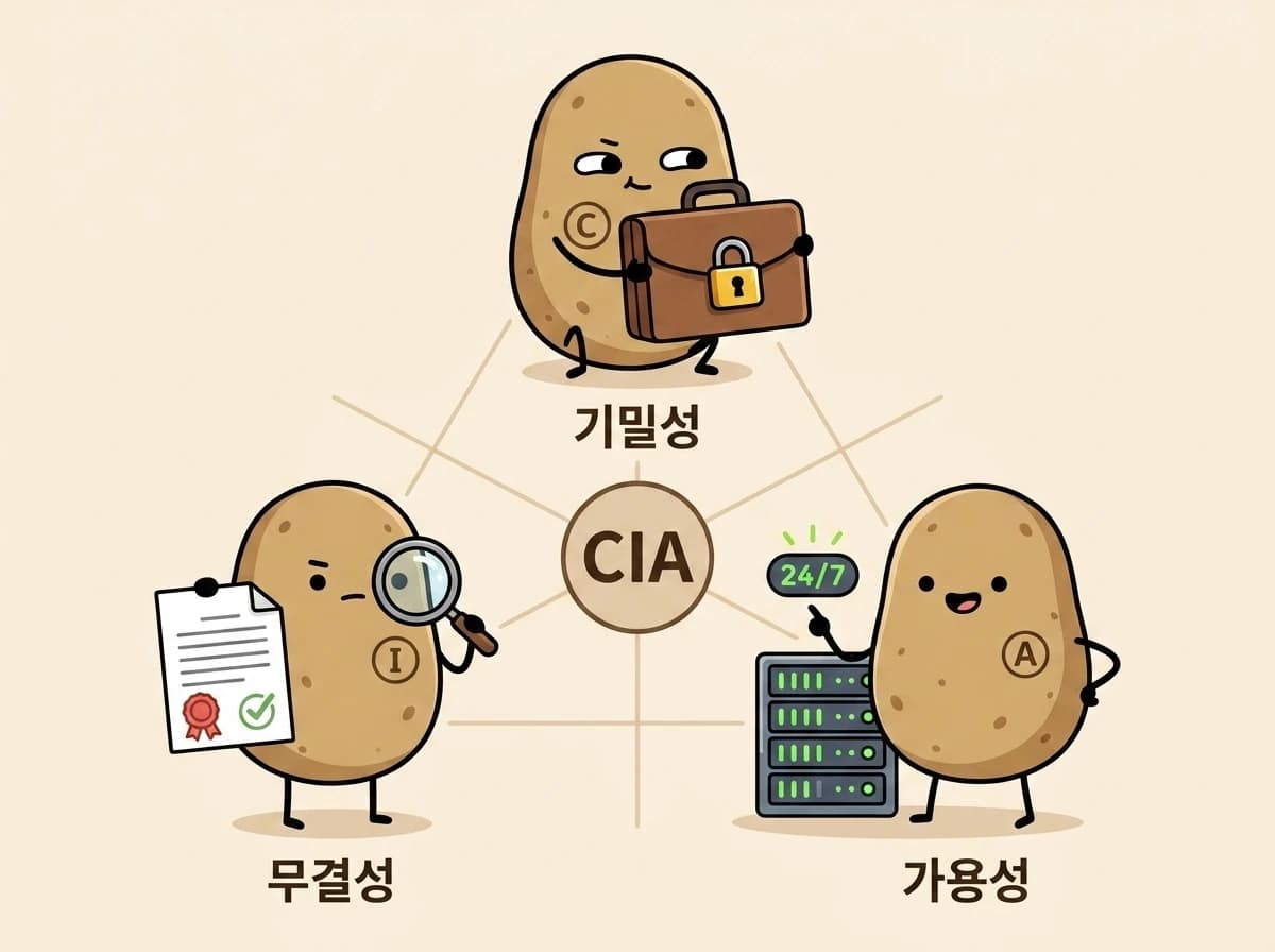 감자 3마리가 자물쇠 가방·도장 문서·서버 룸을 들고 삼각형으로 선 정보보호 3요소 그림