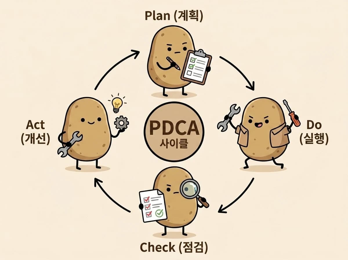 감자 4마리가 클립보드·공구·체크리스트·전구를 들고 원형으로 도는 PDCA 사이클 다이어그램