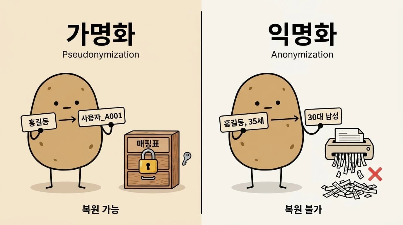 왼쪽 감자는 잠긴 매핑표 서랍을, 오른쪽 감자는 분쇄기로 갈린 매핑표를 보여주는 가명화·익명화 비교 그림