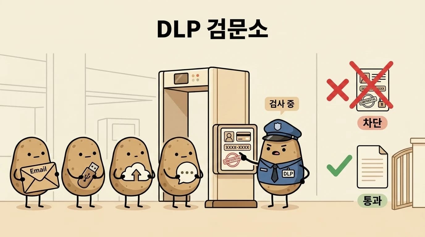 DLP 감자가 회사 정문에서 나가는 이메일·USB·클라우드 업로드를 엑스레이 스캐너로 검사하고, 주민번호·카드번호·기밀문서 패턴이 보이면 차단하는 장면