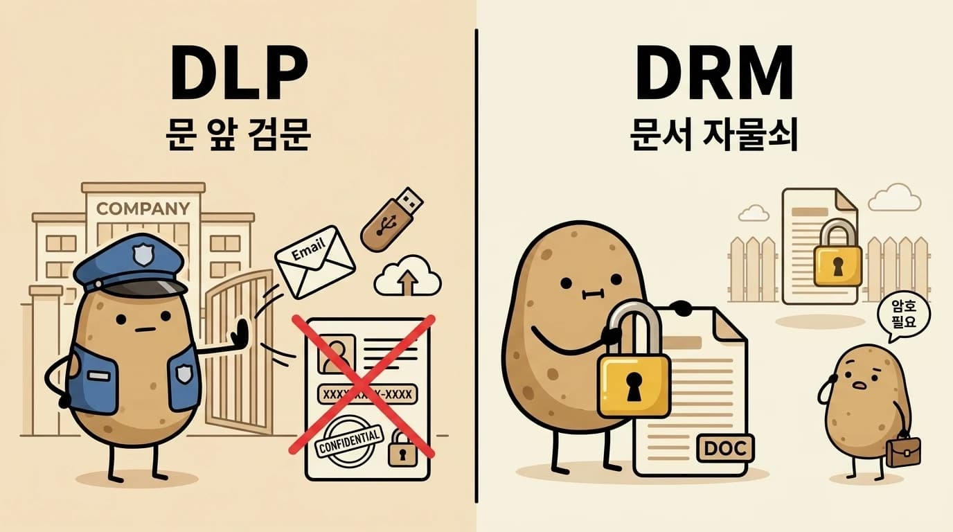 DLP와 DRM의 역할 차이 좌우 비교 일러스트. 왼쪽은 DLP 감자가 사내 출구에서 이메일·USB·클라우드 업로드를 검문해 민감 데이터를 차단. 오른쪽은 DRM 감자가 문서 파일 자체에 자물쇠를 달아, 밖으로 나가더라도 허가 없이는 열리지 않음
