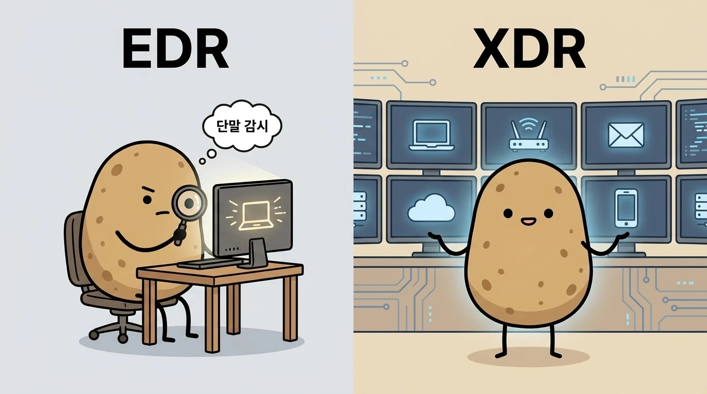 EDR과 XDR의 관찰 범위 차이를 보여주는 좌우 비교 일러스트. 왼쪽 감자는 단말 하나만 들여다보고 오른쪽 감자는 단말·네트워크·이메일·클라우드 여러 화면을 통합 모니터링