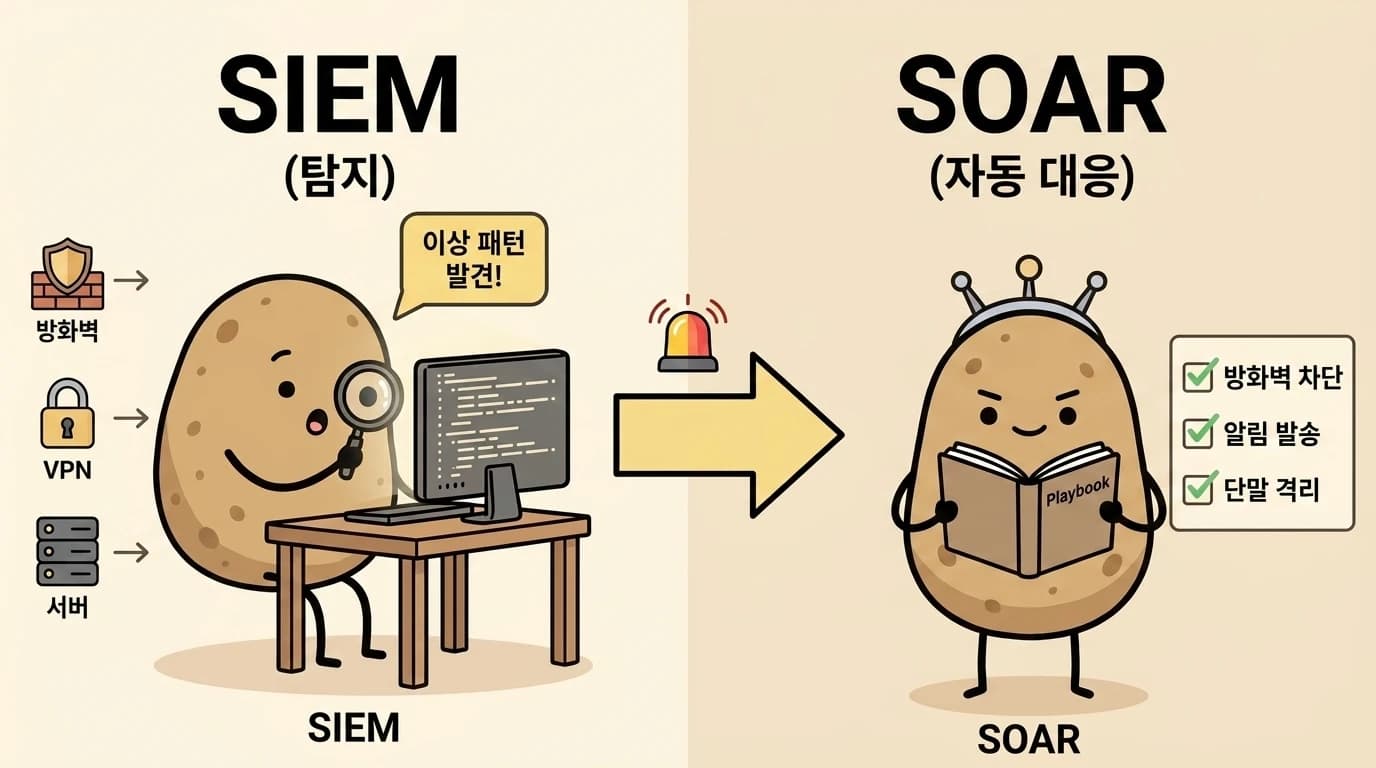 SIEM과 SOAR의 2단 구조 플로우 다이어그램. 여러 장비 로그가 SIEM으로 모여 감자가 이상 패턴을 발견하고, 그 경고가 SOAR의 플레이북 로봇 감자에게 전달되어 방화벽 차단·알림·격리가 자동 실행되는 흐름