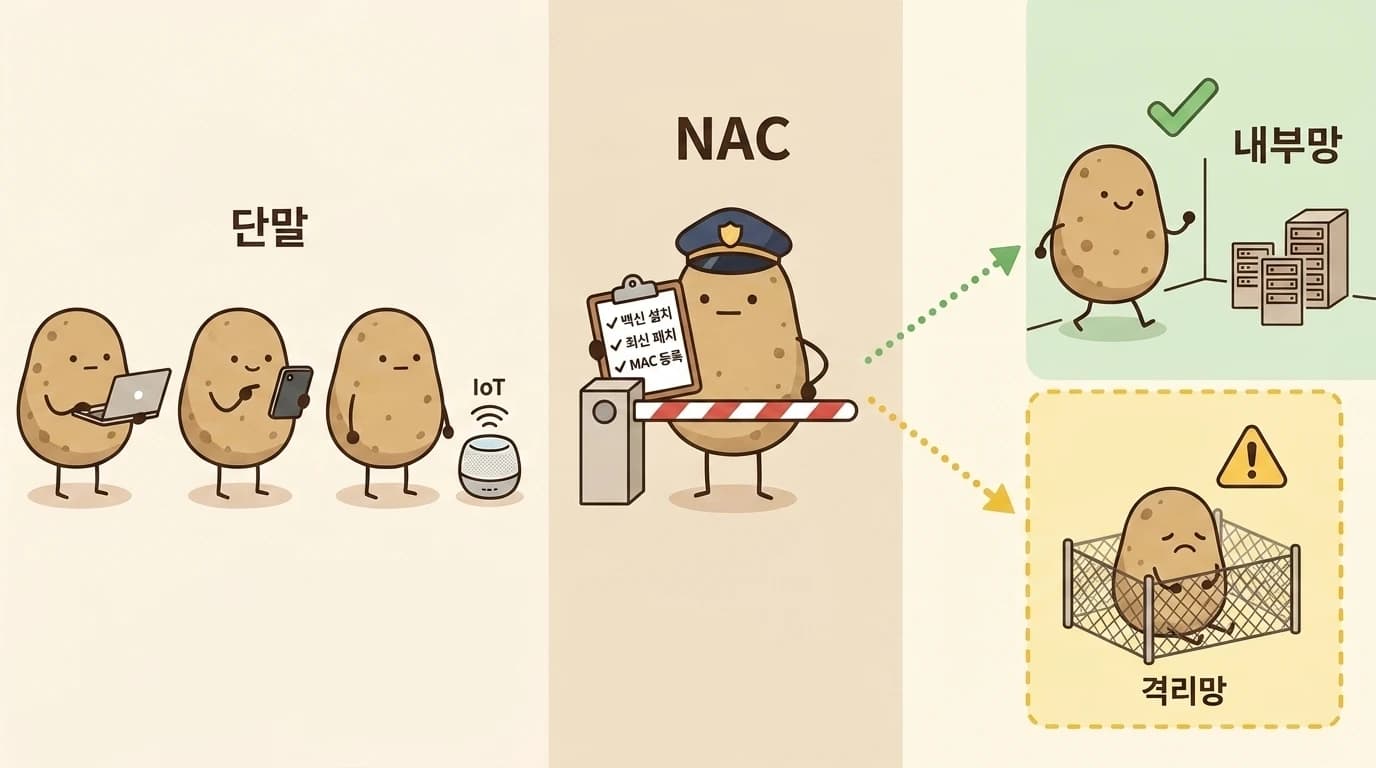 NAC 체크포인트 감자가 내부망 입구에서 접속 단말의 백신·패치·등록 상태를 체크리스트로 확인하고, 자격 부족한 단말은 격리망으로 보내는 일러스트