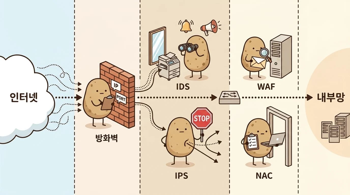네트워크 방어 장비의 배치 지도. 외부 인터넷에서 내부망으로 들어오는 경로에 방화벽이 먼저 있고, 그 뒤에 IDS와 IPS가 위치, 내부 웹서버 앞에 WAF, 내부망 접속 지점에 NAC이 배치된 모식도