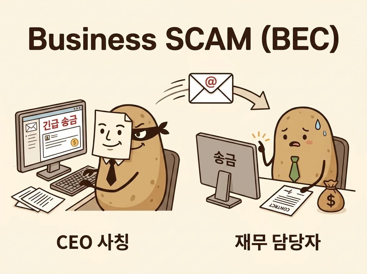 CEO 가면을 쓴 공격자 감자가 '긴급 송금' 메일을 보내고 재무 담당자 감자가 땀을 흘리며 송금 버튼을 누르려는 장면