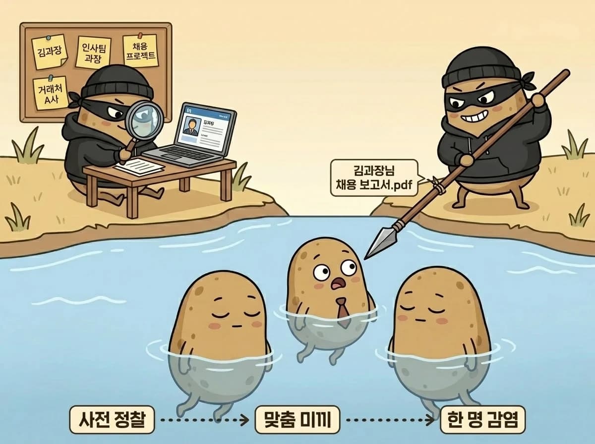 공격자 감자가 LinkedIn과 SNS로 표적의 이름·직책·프로젝트를 수집한 뒤, 맞춤 제작된 작살로 특정 물고기 한 마리만 정확히 겨누는 장면