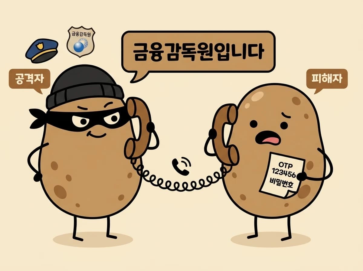 금융감독원을 사칭하며 전화 통화로 피해자에게 OTP와 비밀번호를 불러달라고 요구하는 공격자 감자