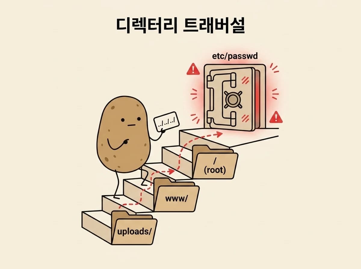 감자가 ../../../ 카드를 들고 폴더 계단을 거꾸로 올라 etc/passwd 금고에 접근하는 디렉터리 트래버설 비유
