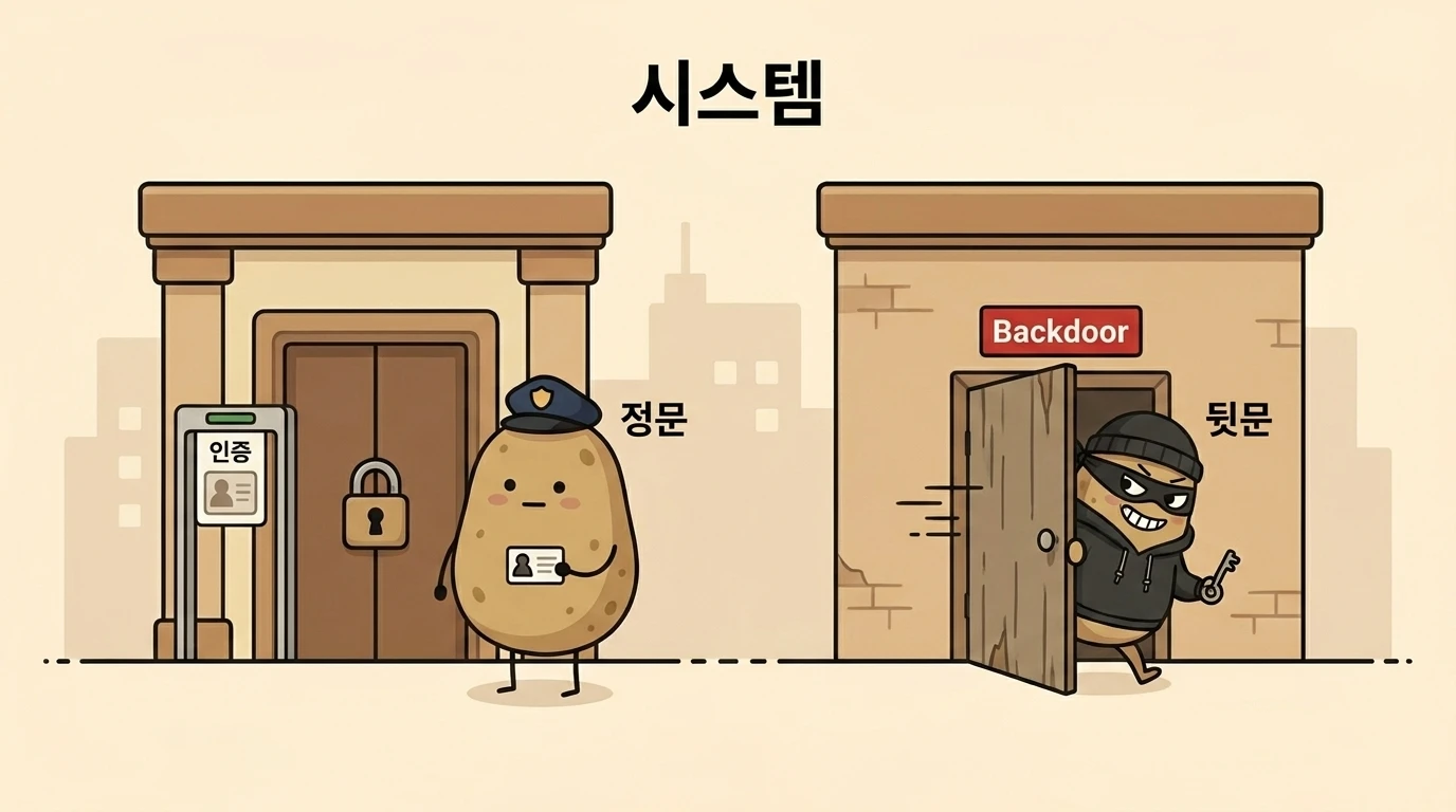 정문은 경비가 지키지만 뒷문으로 몰래 드나드는 공격자