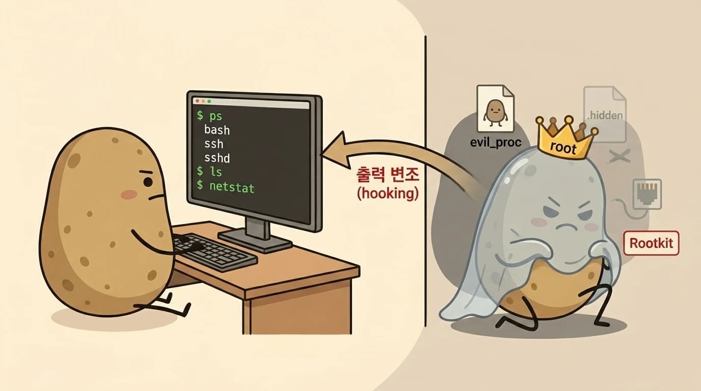 ps·ls·netstat 출력은 정상으로 보이지만 모니터 뒤에 투명 망토를 쓴 root 공격자가 숨어 있는 모습