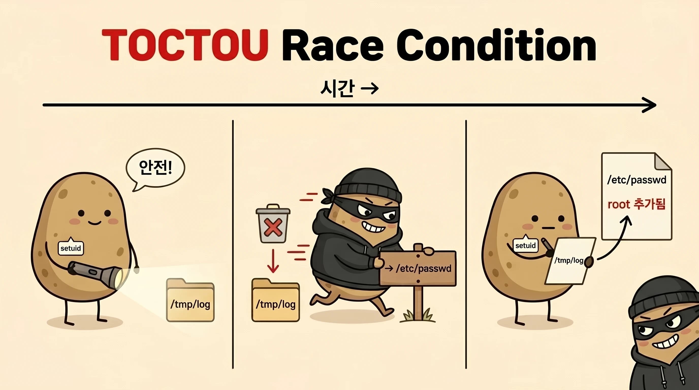 3컷 만화로 표현한 TOCTOU 레이스 컨디션 공격 흐름
