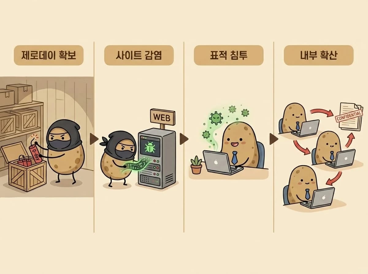 APT 공격 4단계 플로우 일러스트: 제로데이 확보, 사이트 감염, 표적 침투, 내부 확산