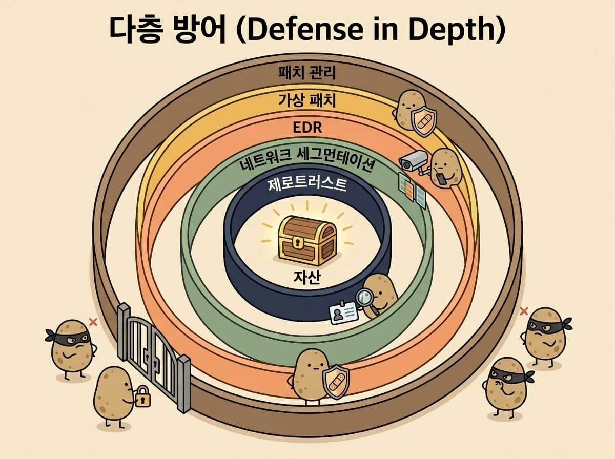 다층 방어 동심원 성벽: 바깥쪽부터 패치 관리, 가상 패치, EDR, 네트워크 세그먼테이션, 제로트러스트 5겹이 중앙 자산을 보호하고 공격자 감자가 외곽에서 좌절하는 모습