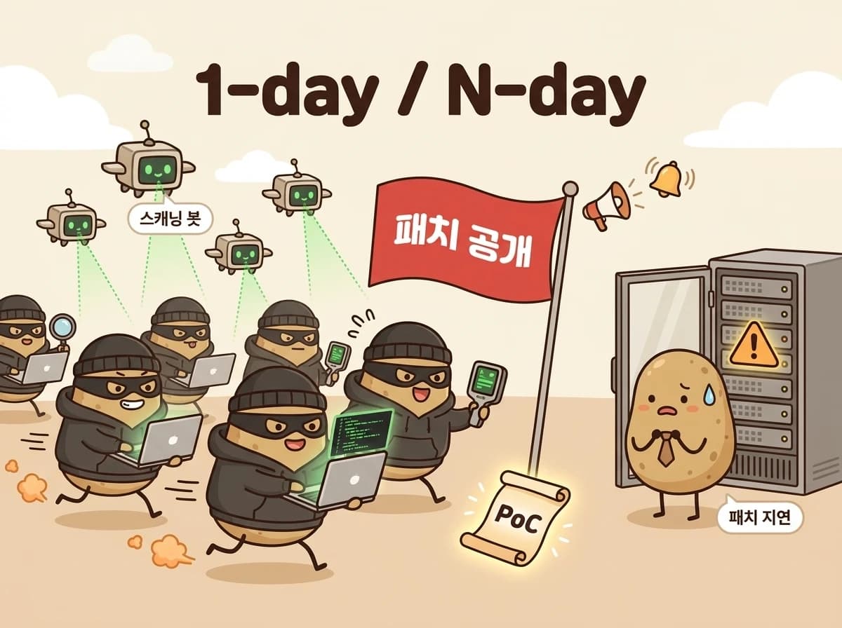 빨간 '패치 공개' 깃발 주변으로 노트북·스캐너를 든 복면 공격자 감자 군단이 몰려들고, 상공에는 스캐닝 봇 드론이 떠 있으며, 반대쪽에는 패치 적용을 미룬 감자가 서버 앞에서 땀을 흘리는 장면