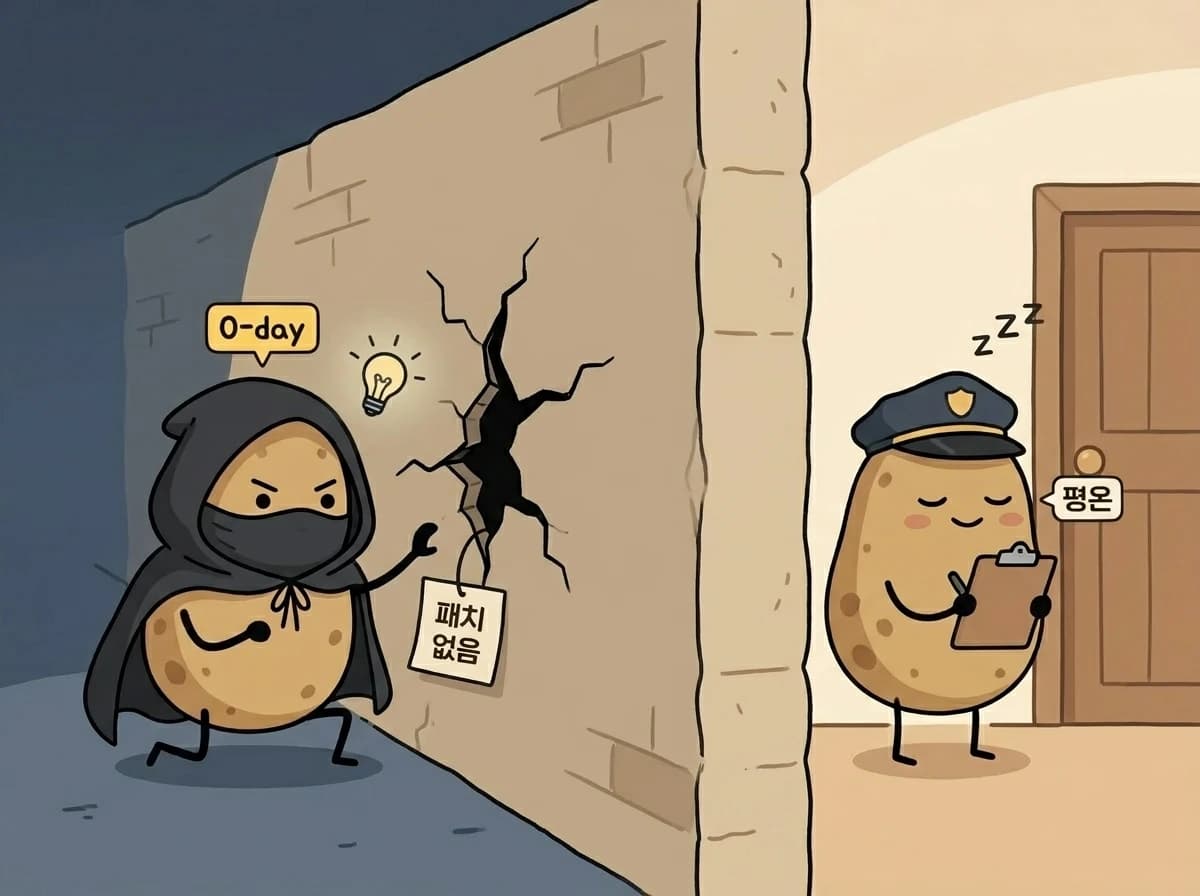 어둠 속 후드 쓴 공격자 감자가 벽의 패치되지 않은 구멍으로 침투 시도하는 사이, 반대편 방어자 감자는 정문만 지키며 평온히 졸고 있음