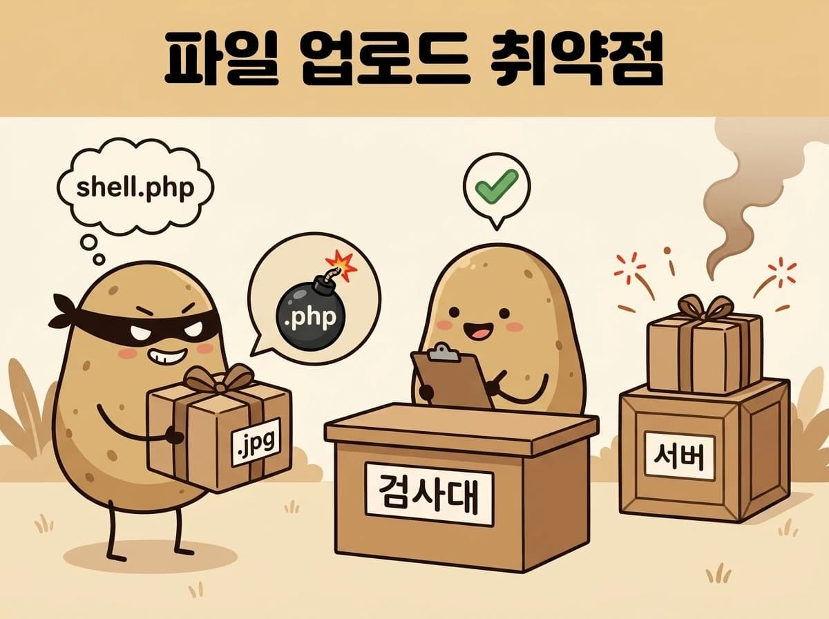 공격자가 .jpg로 위장한 박스 안에 .php 웹쉘을 숨겨 검사대를 통과시키고 서버를 장악하는 모습