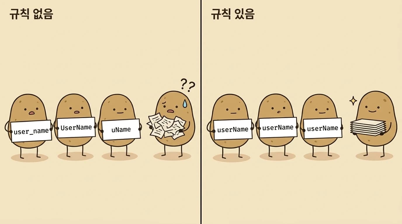 표기가 제각각인 쪽지와 userName으로 통일된 쪽지를 받는 리뷰어 감자 비교