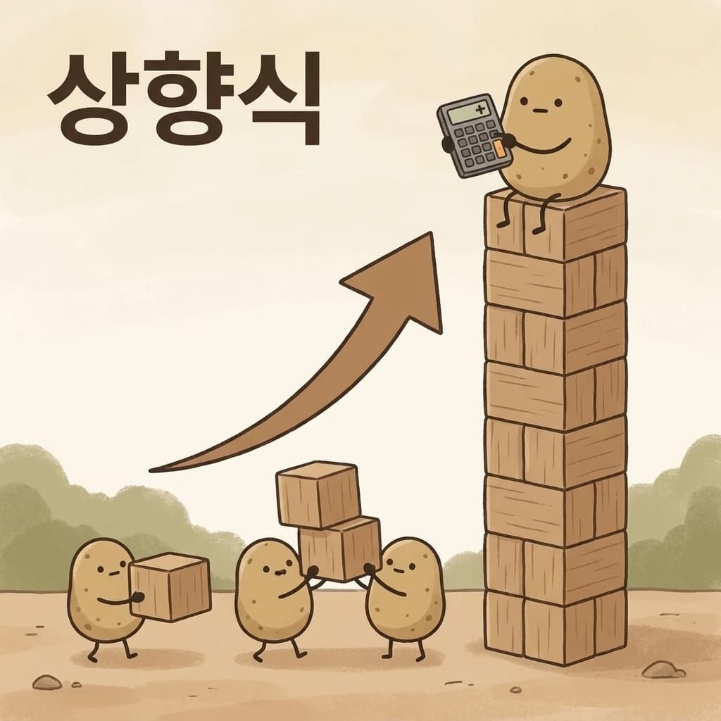 작은 블록을 쌓아 탑을 만드는 감자들