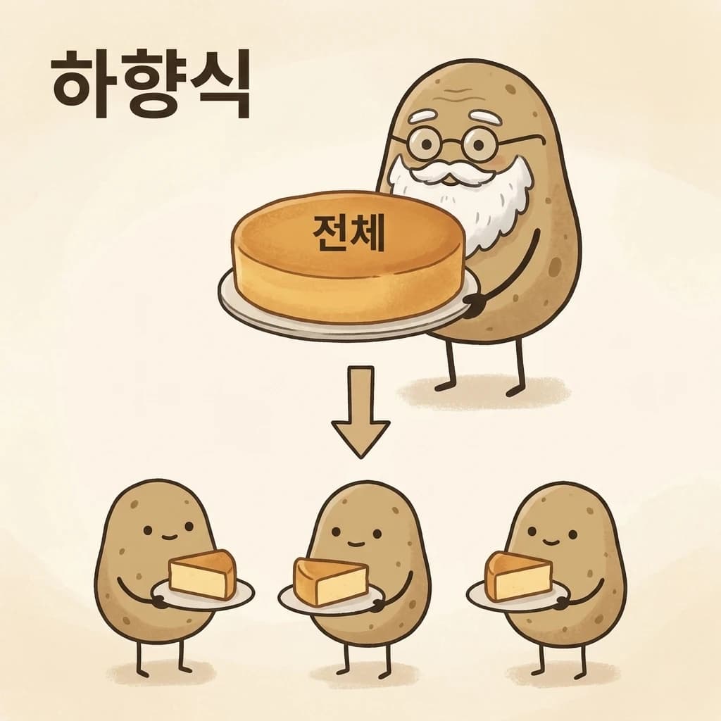 전문가 감자가 큰 케이크를 조각내 나눠 주는 모습