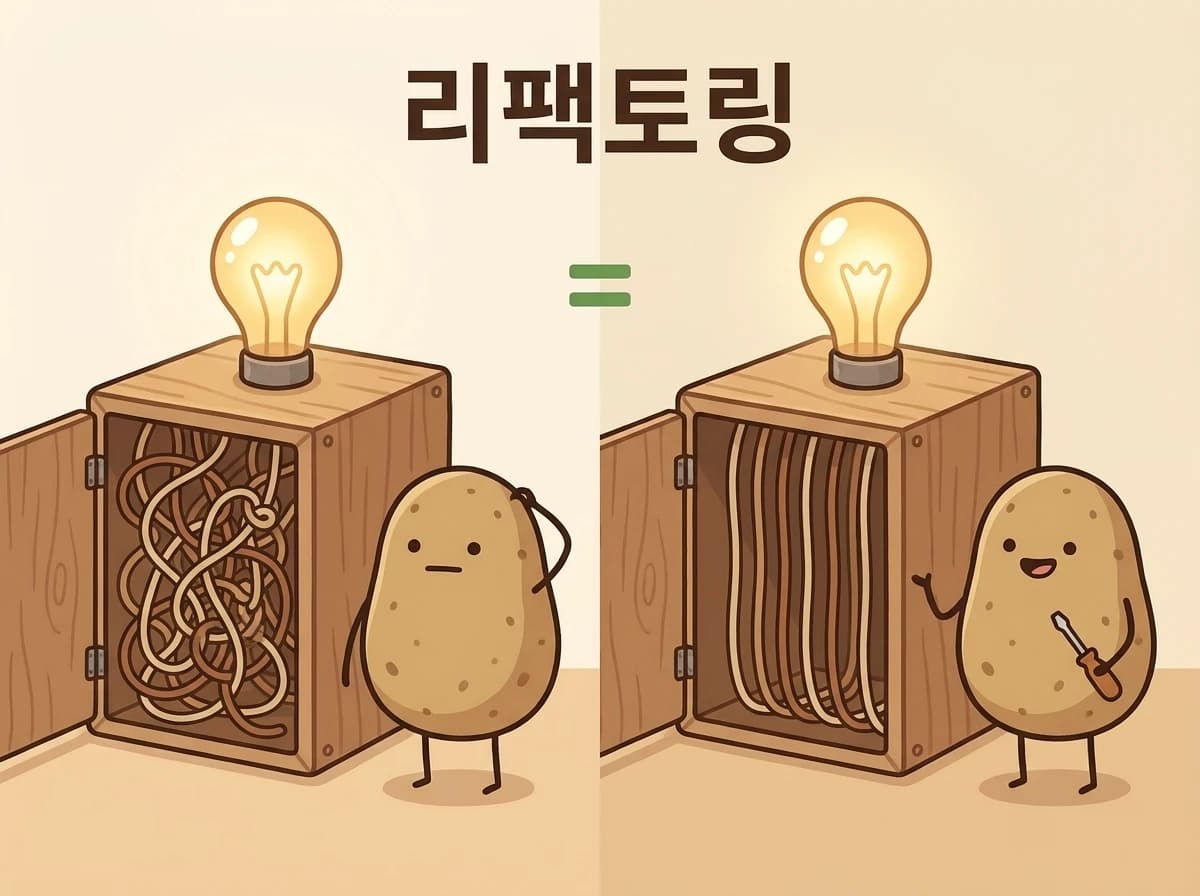 전구는 그대로 켜진 채 상자 속 엉킨 전선만 정리한 감자