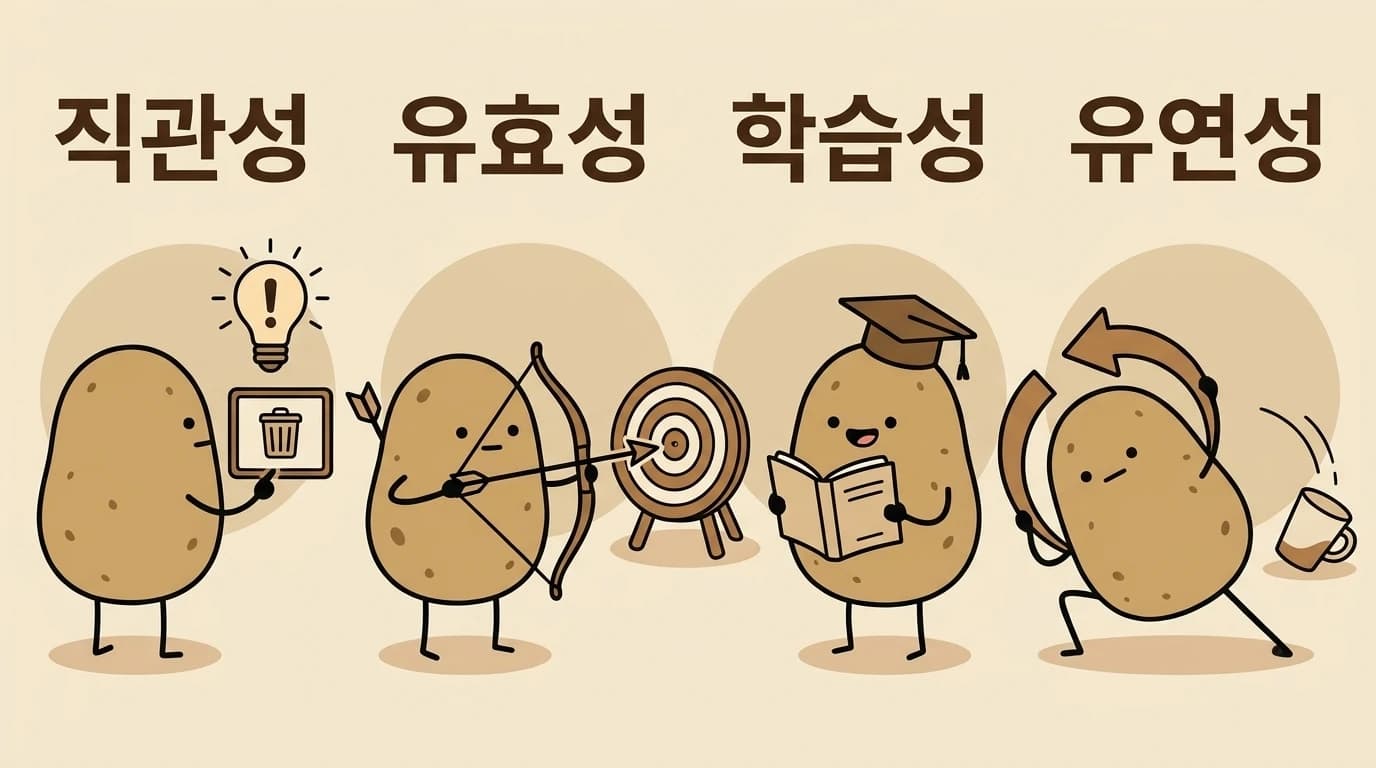 직관성·유효성·학습성·유연성을 각각 표현한 감자 네 마리