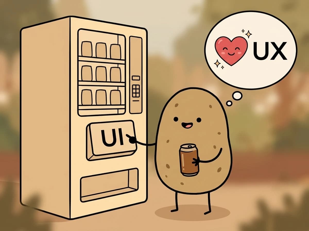 자판기 버튼(UI)을 누르고 기분 좋은 생각 풍선(UX)을 띄운 감자