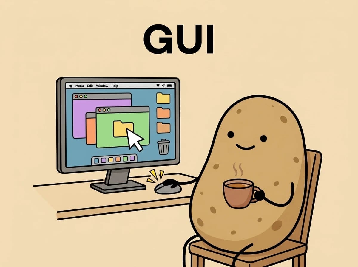 차를 마시며 마우스로 폴더 아이콘을 클릭하는 감자