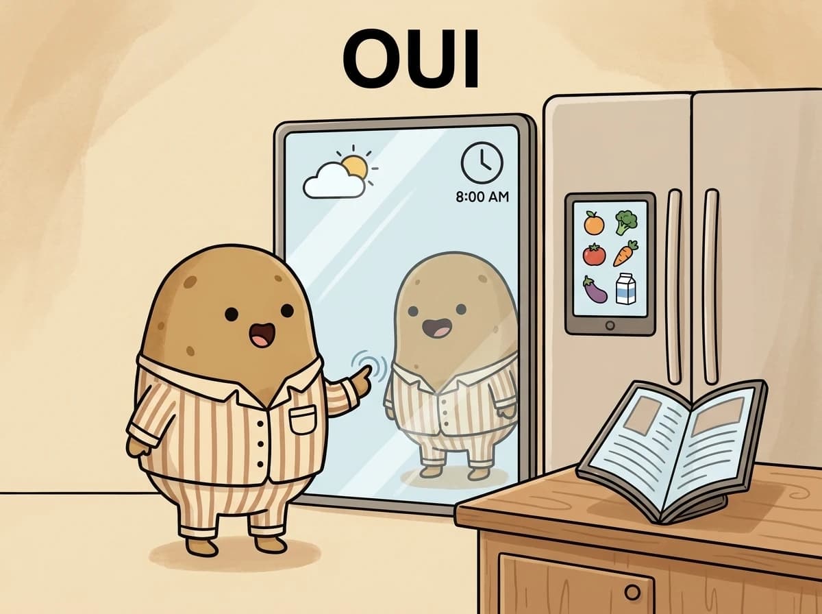 스마트 미러를 직접 터치하는 감자와 화면 달린 냉장고·폴더블 디스플레이