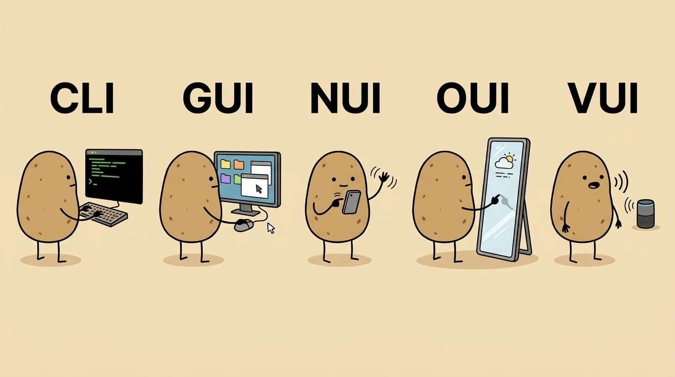 CLI·GUI·NUI·OUI·VUI 방식으로 각각 조작하는 감자 다섯 마리