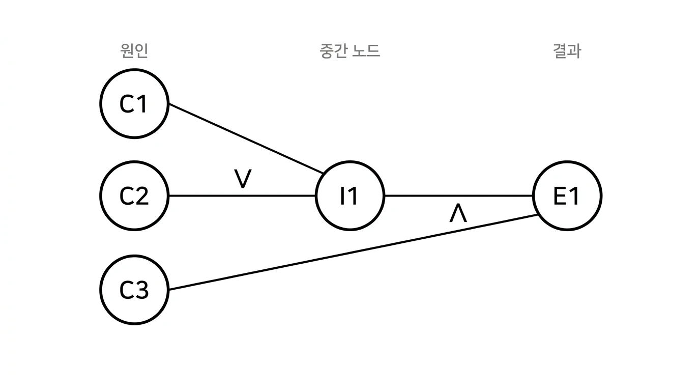 원인 C1과 C2가 ∨ 기호로 중간 노드 I1에 연결되고, I1과 원인 C3가 ∧ 기호로 결과 E1에 연결된 원인-결과 그래프