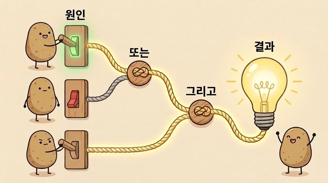 세 감자가 레버를 당기고, 두 줄이 '또는' 매듭에서, 그 줄과 세 번째 줄이 '그리고' 매듭에서 합쳐져 결과 전구가 켜진 그림