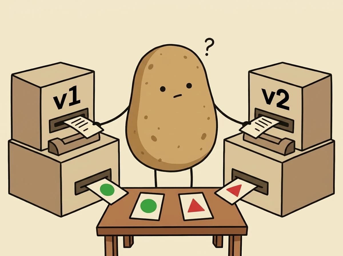 같은 쪽지를 v1, v2 기계에 넣고 서로 다른 결과를 비교하는 감자