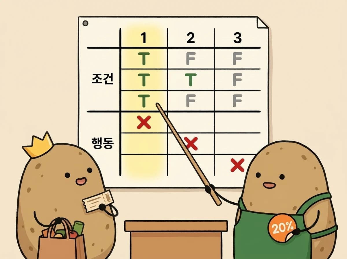 규칙표를 짚어 VIP 손님에게 줄 할인을 고르는 계산대 감자