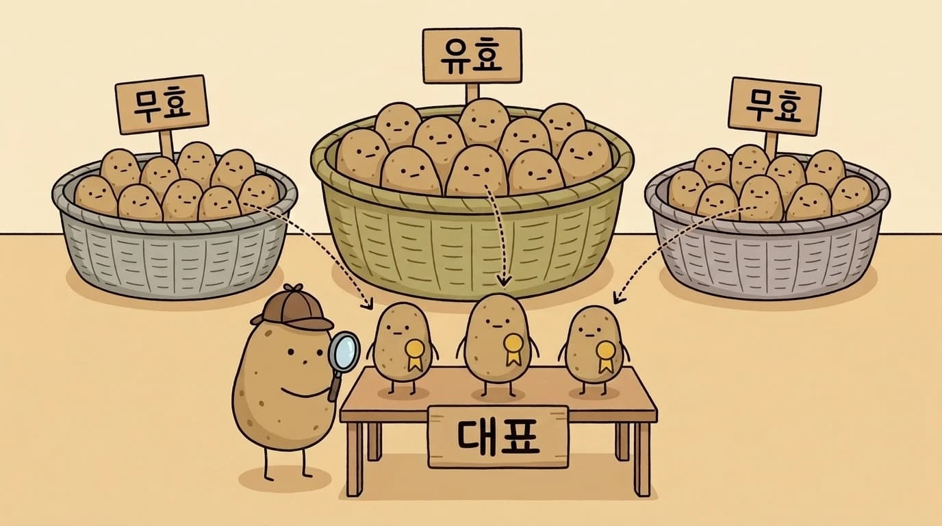 유효·무효 바구니에서 감자를 한 마리씩 뽑아 검사대에 올린 검사관 감자
