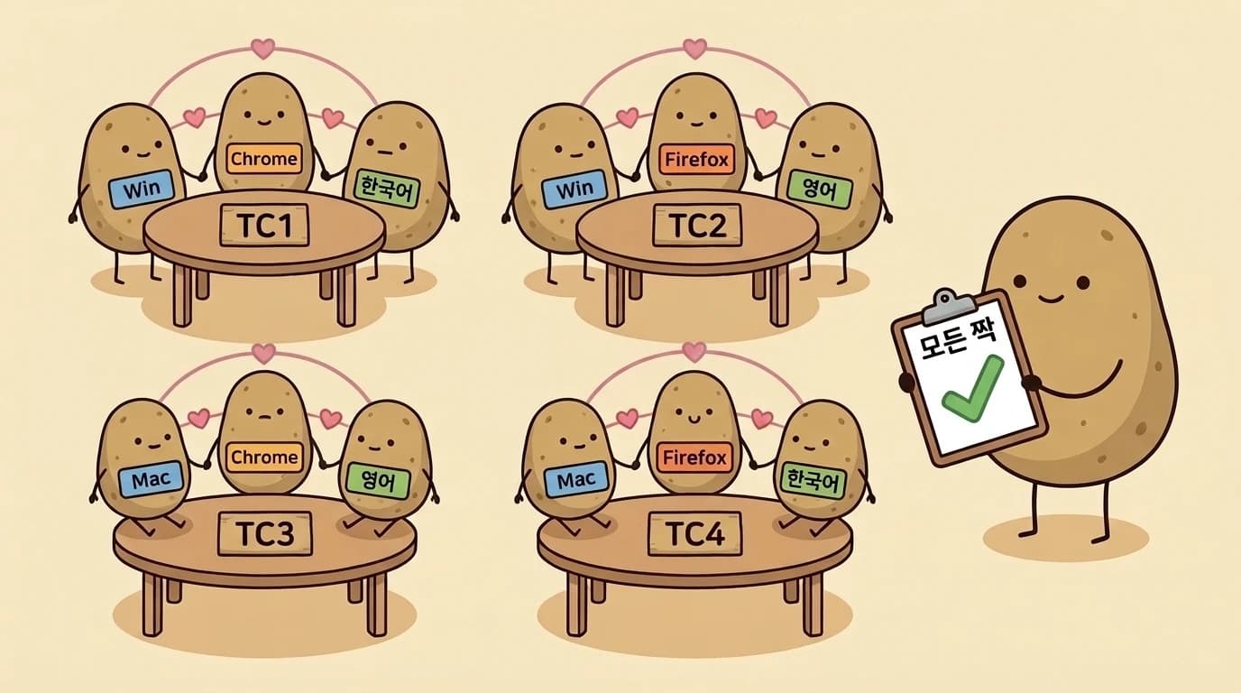TC1 ~ TC4 테이블마다 OS·브라우저·언어 감자가 한 명씩 앉아 서로 짝으로 이어져 있고, 진행자 감자가 모든 짝 체크를 들고 있는 그림