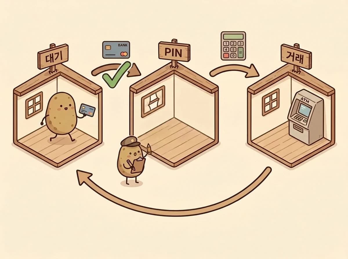 대기·PIN·거래 방을 잇는 화살표 중 카드 화살표 하나에 체크 표시를 하는 검사관 감자